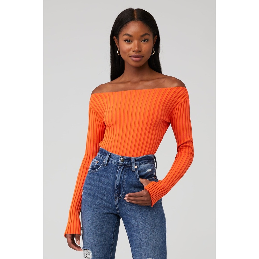 ASTR Alessandra Ribbed Cropped Off the Shoulder Long Sleeve Sweater Orange Large